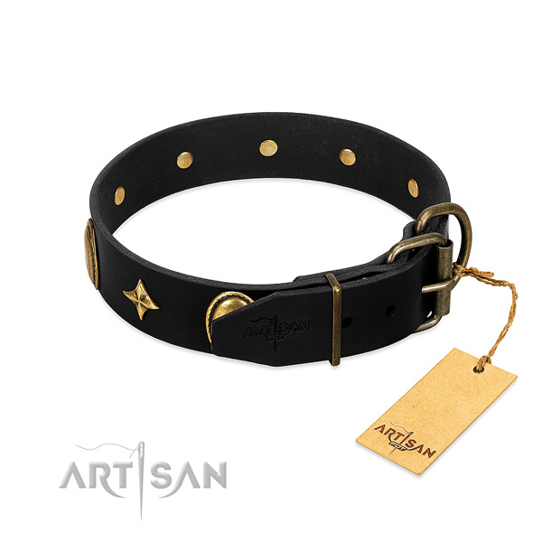 Strong leather dog collar with rust resistant decorations