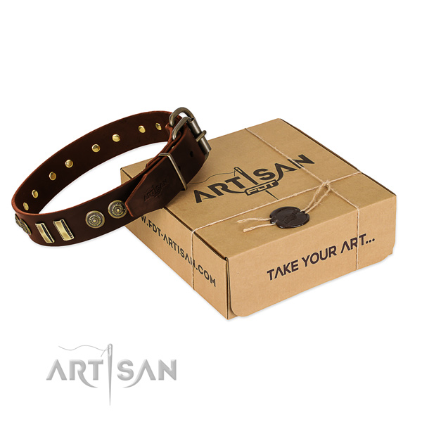 Corrosion resistant traditional buckle on full grain genuine leather dog collar for your four-legged friend
