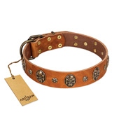"Rockstar" FDT Artisan Tan Leather German Shepherd Collar with Engraved Studs and Medallions