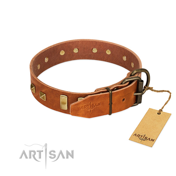 Reliable natural leather dog collar with corrosion proof D-ring