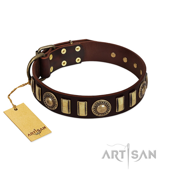 Reliable full grain genuine leather dog collar with rust-proof hardware