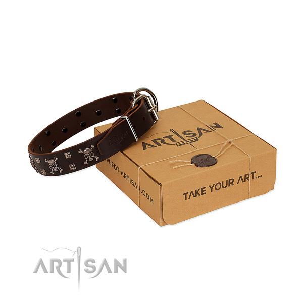 Durable genuine leather dog collar with durable traditional buckle
