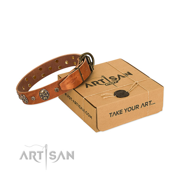 Strong buckle on natural genuine leather dog collar for your doggie
