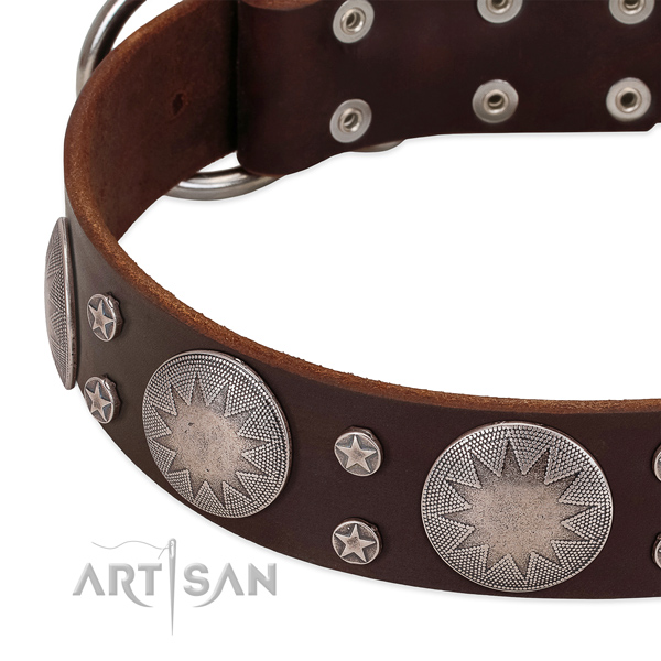Gentle to touch genuine leather dog collar with adornments for your impressive doggie