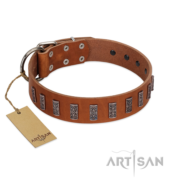 Soft natural leather dog collar with rust resistant hardware