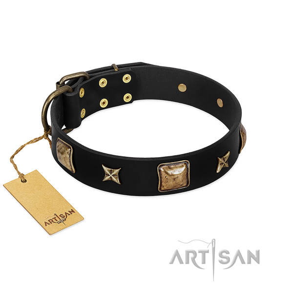 Full grain genuine leather dog collar of top notch material with remarkable adornments