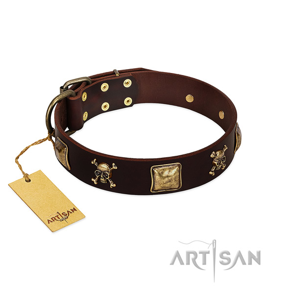 Flexible full grain natural leather dog collar with stunning decorations