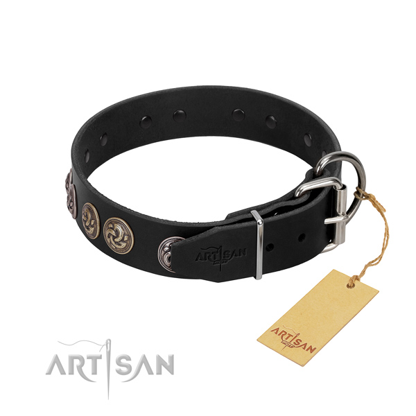 Rust-proof fittings on adorned full grain leather dog collar
