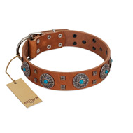 "Blue Sands" FDT Artisan Tan Leather German Shepherd Collar with Silver-like Studs and Round Conchos with Stones