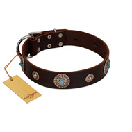 "Magic Stones" FDT Artisan Brown Leather German Shepherd Collar with Chrome Plated Brooches and Studs