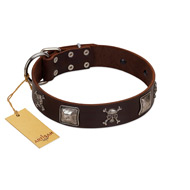 "Nut-Brown Finery" Embellished FDT Artisan Brown Leather German Shepherd Collar with Chrome Plated Crossbones and Plates