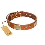 "Ancient Treasures" FDT Artisan Tan Leather German Shepherd Collar with Antiqued Plates and Studs