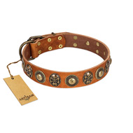 "Golden Epoch" FDT Artisan Tan Leather German Shepherd Collar with Old Bronze-plated Medallions and Conchos "Golden Epoch" FDT Artisan Tan Leather German Shepherd Collar with Old Bronze-plated Medallions and Conchos