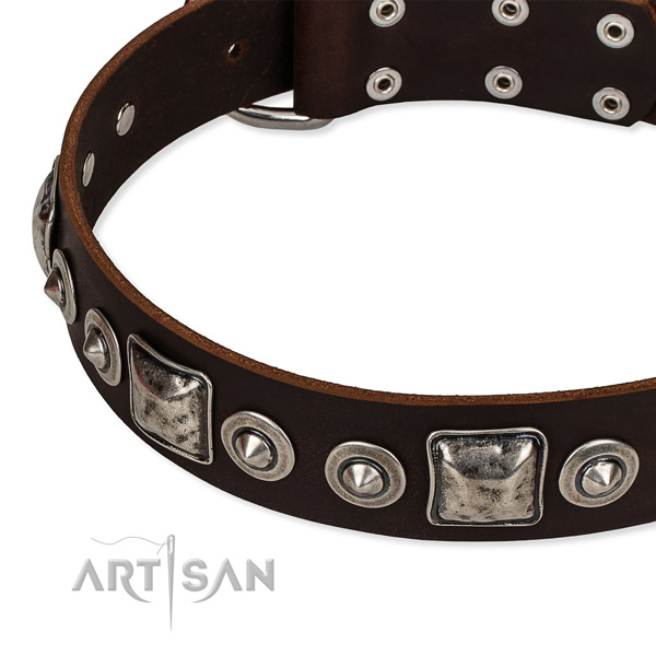 Adjustable leather dog collar with extra sturdy rust-proof hardware