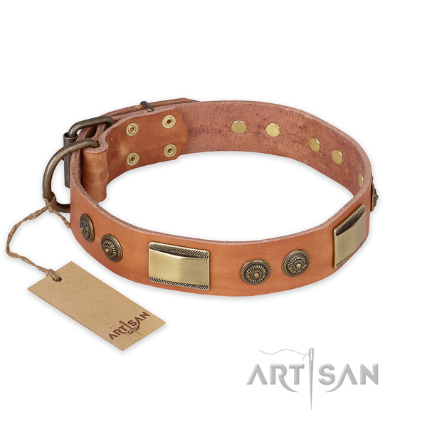 Unique design decorations on full grain natural leather dog collar
