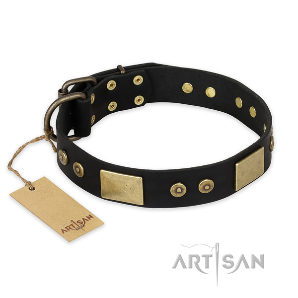 Unique design decorations on genuine leather dog collar
