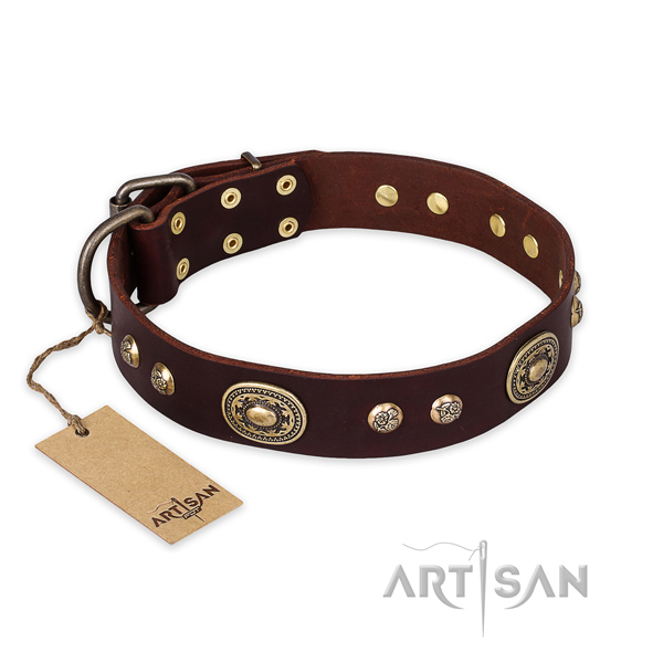 Significant design studs on full grain genuine leather dog collar