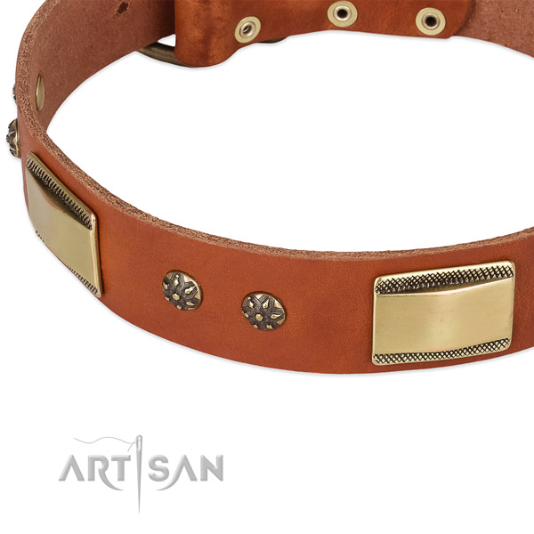 Everyday walking natural genuine leather collar with durable buckle and D-ring