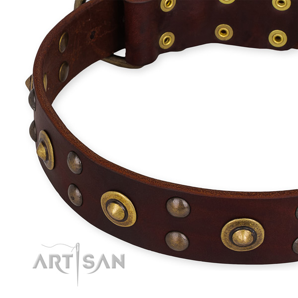 Adjustable leather dog collar with resistant rust-proof set of hardware