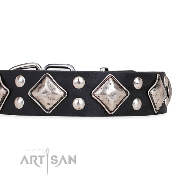 Easy to adjust leather dog collar with resistant to tear and wear durable buckle and D-ring