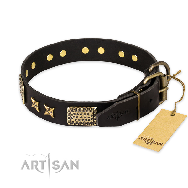 Inimitable design decorations on natural genuine leather dog collar