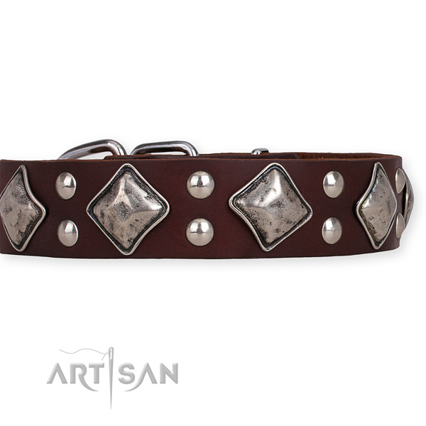 Easy to put on/off leather dog collar with extra strong rust-proof buckle