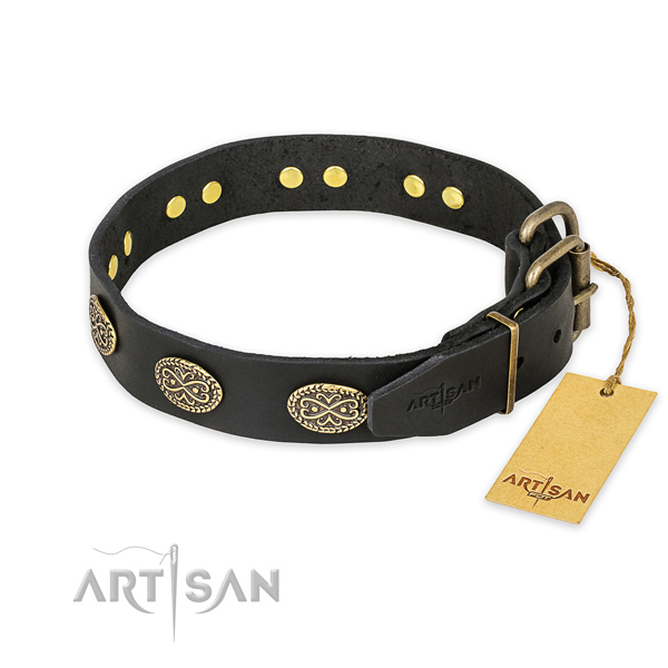 Inimitable design decorations on genuine leather dog collar