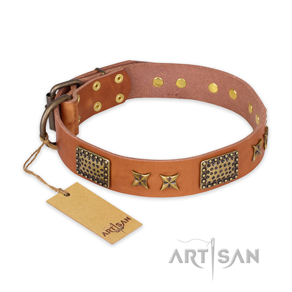 Significant design embellishments on natural genuine leather dog collar