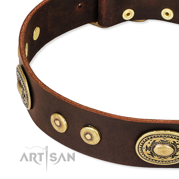 Easy to put on/off leather dog collar with resistant to tear and wear durable buckle and D-ring