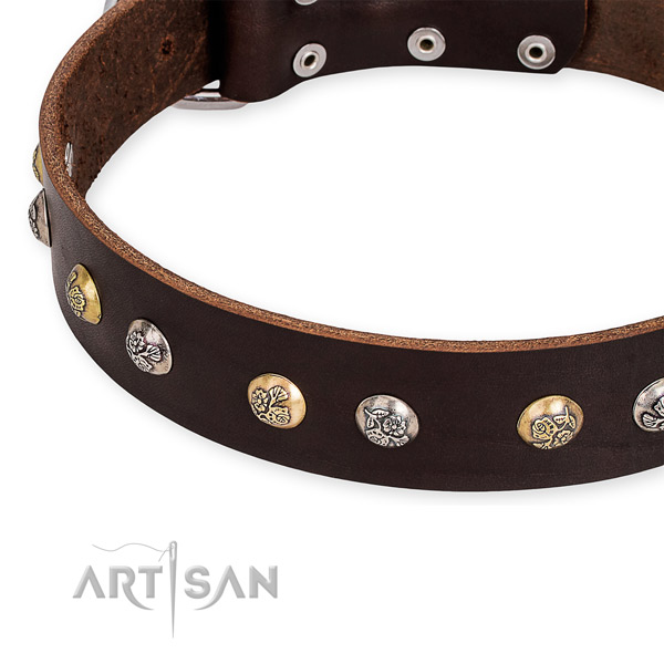 Easy to use leather dog collar with extra sturdy chrome plated hardware
