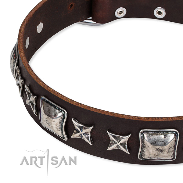 Easy to adjust leather dog collar with resistant to tear and wear rust-proof fittings