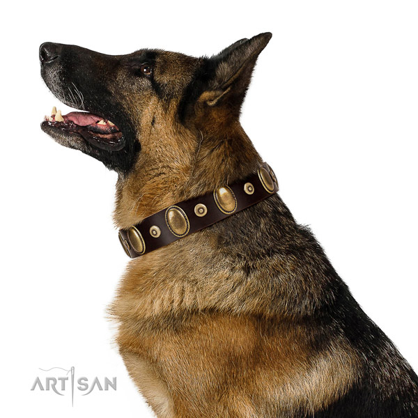 Fashionable decorated full grain genuine leather dog collar of reliable material