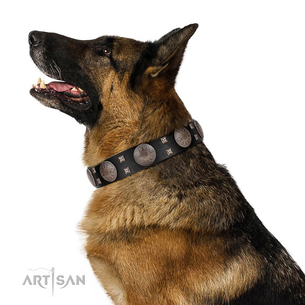 Comfy wearing high quality leather dog collar with decorations
