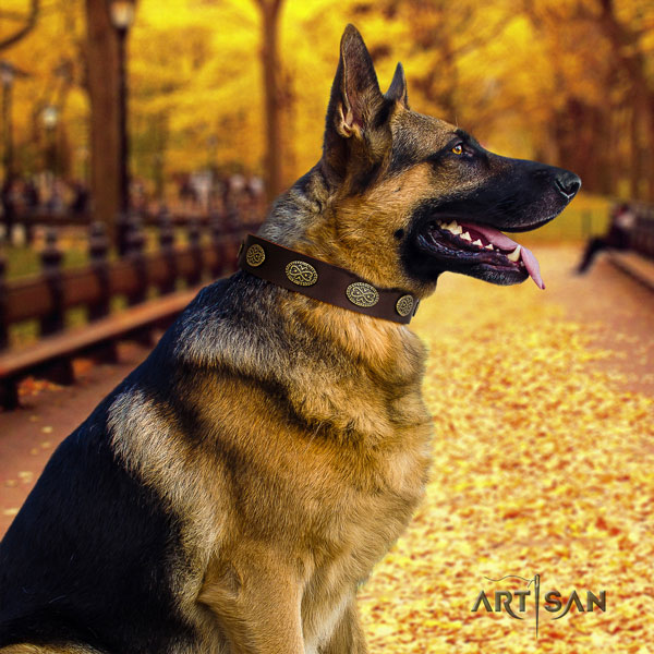 German Shepherd adorned leather dog collar for your impressive pet