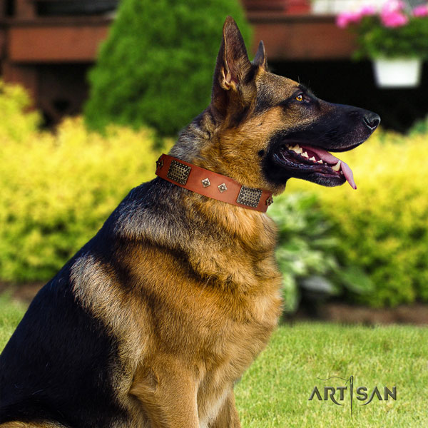 German Shepherd adorned genuine leather dog collar for your handsome four-legged friend