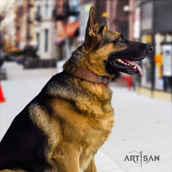 German Shepherd easy adjustable natural genuine leather dog collar with top notch adornments