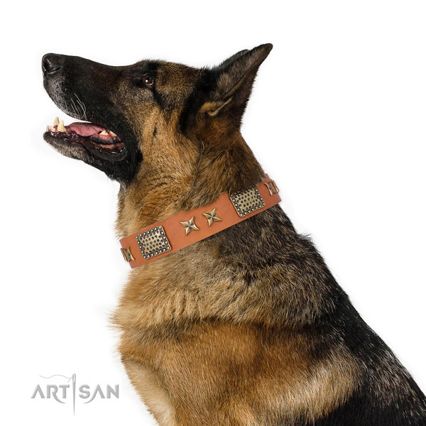 German Shepherd unique natural genuine leather dog collar for easy wearing title=German Shepherd genuine leather collar with studs for easy wearing