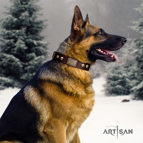 German Shepherd adorned natural genuine leather dog collar for your impressive four-legged friend