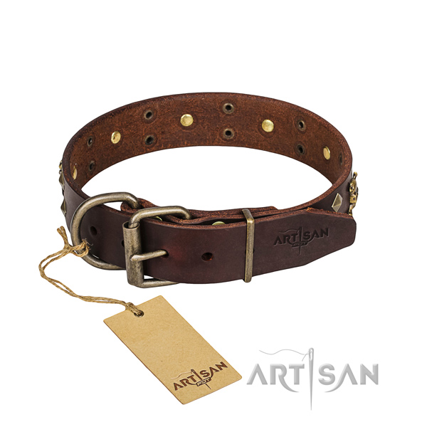Reliable leather dog collar with non-rusting elements
