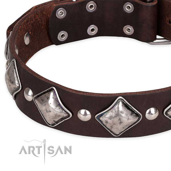 Easy to adjust leather dog collar with extra strong rust-proof set of hardware