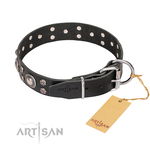 Natural leather dog collar with worked out finish