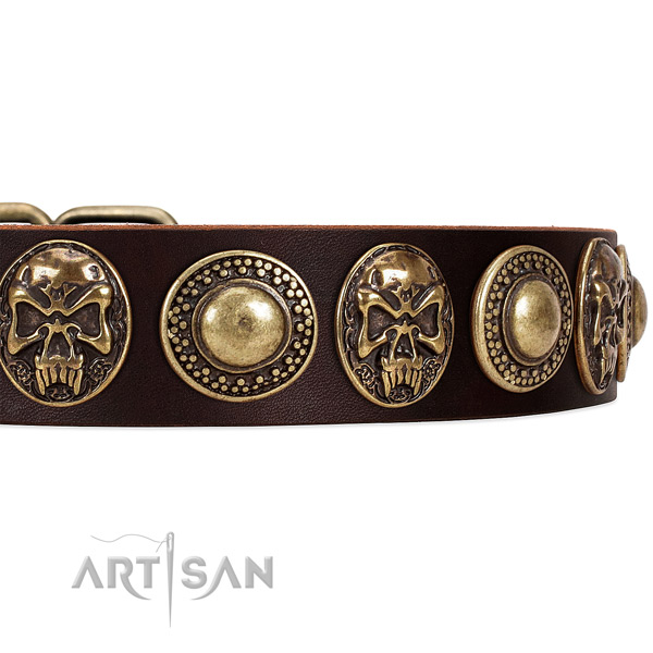 Full grain leather dog collar with embellishments for comfortable wearing