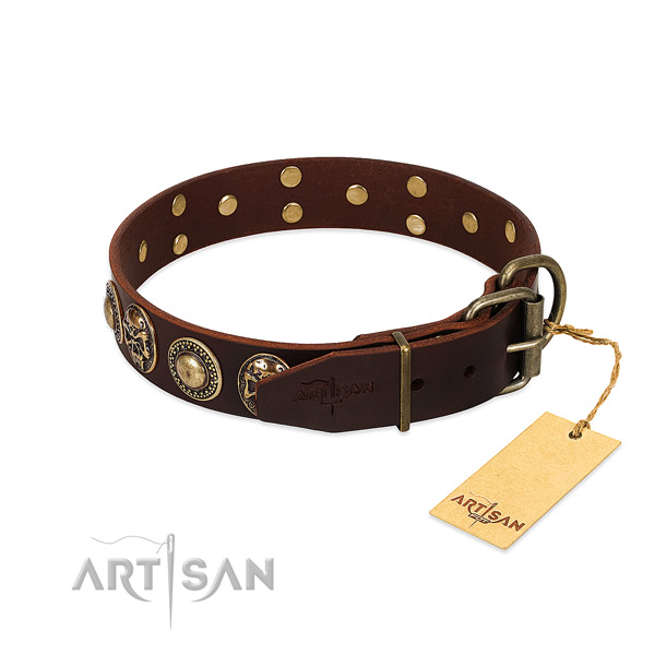 Daily use natural genuine leather collar with decorations for your pet