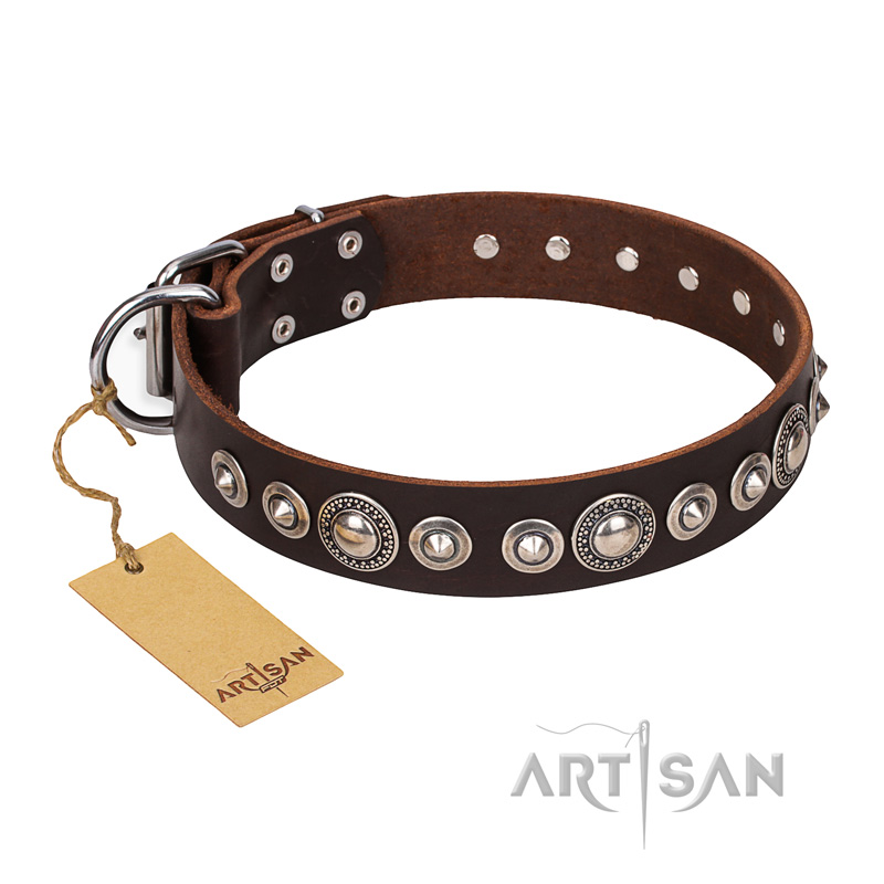 "Step and Sparkle" FDT Artisan Brown Leather German Shepherd Collar with Studs