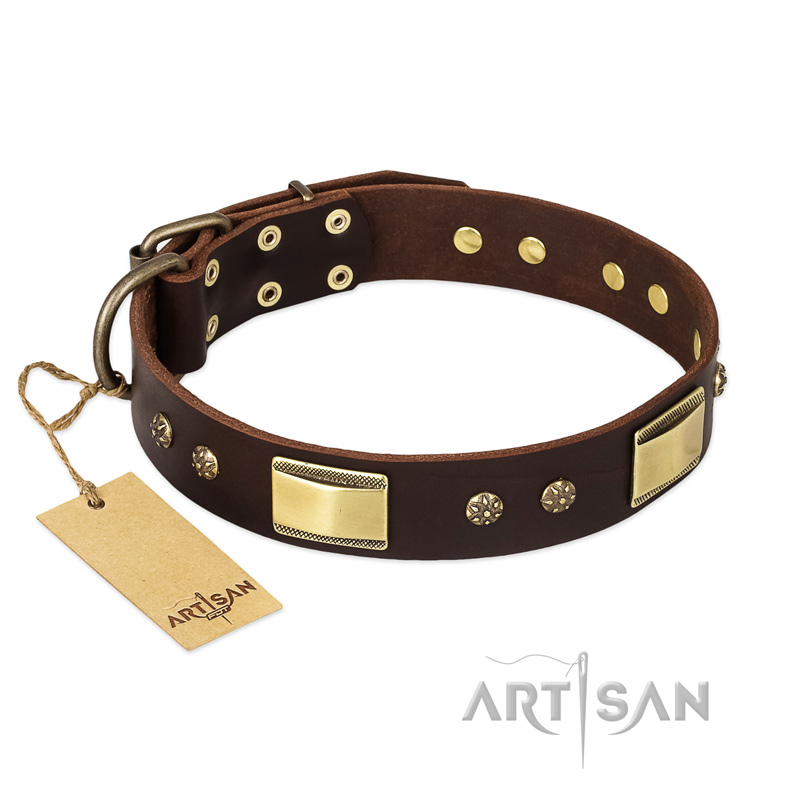 FDT Artisan 'Rich Fashion' Decorated Leather German Shepherd Collar with Plates and Studs - 1 1/2 inch (40 mm) wide
