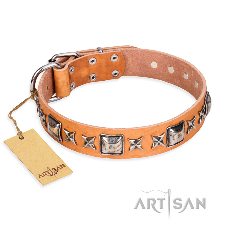 'Silver Chic' FDT Artisan Tan Leather German Shepherd Collar with Silvery-plated Decorations - Click Image to Close