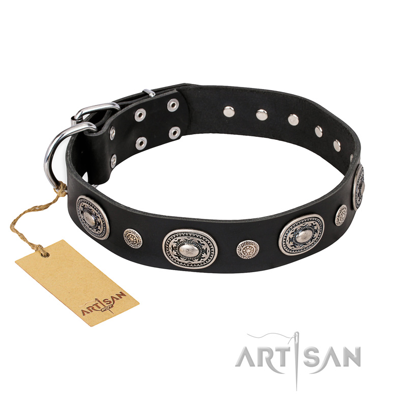 'Black Tie' FDT Artisan Black Leather German Shepherd Collar with Old Silver-like Decorations - 1 1/2 inch (40 mm) wide