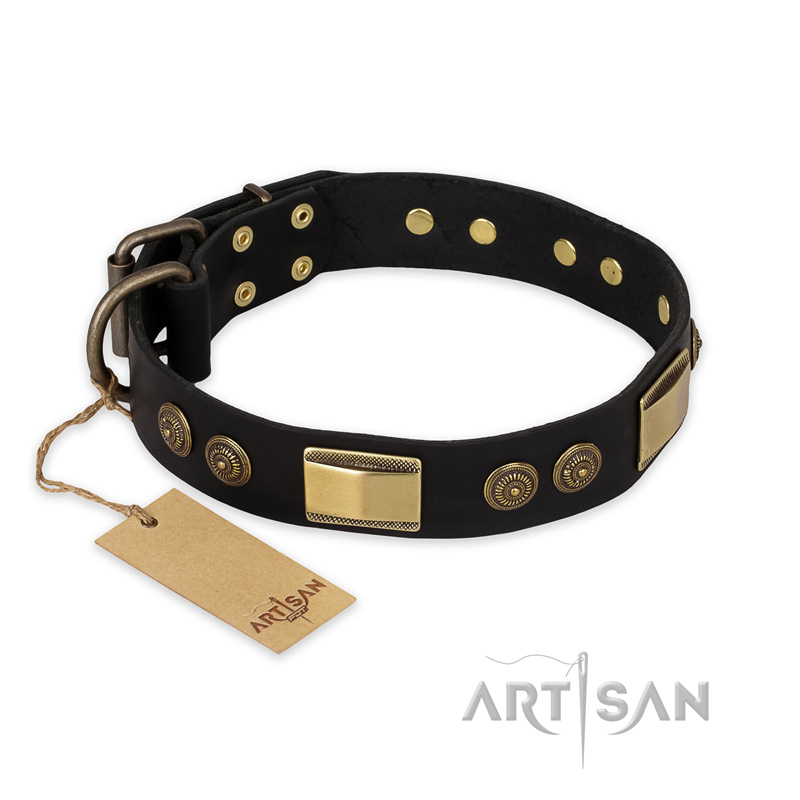 "Ancient Egypt" FDT Artisan Black Leather German Shepherd Collar with Antiqued Decorations - 1 1/2 inch (40 mm) wide