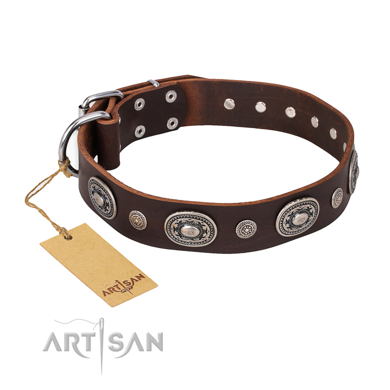 'Extra Pizzazz' FDT Artisan Adorned Brown Leather German Shepherd Collar