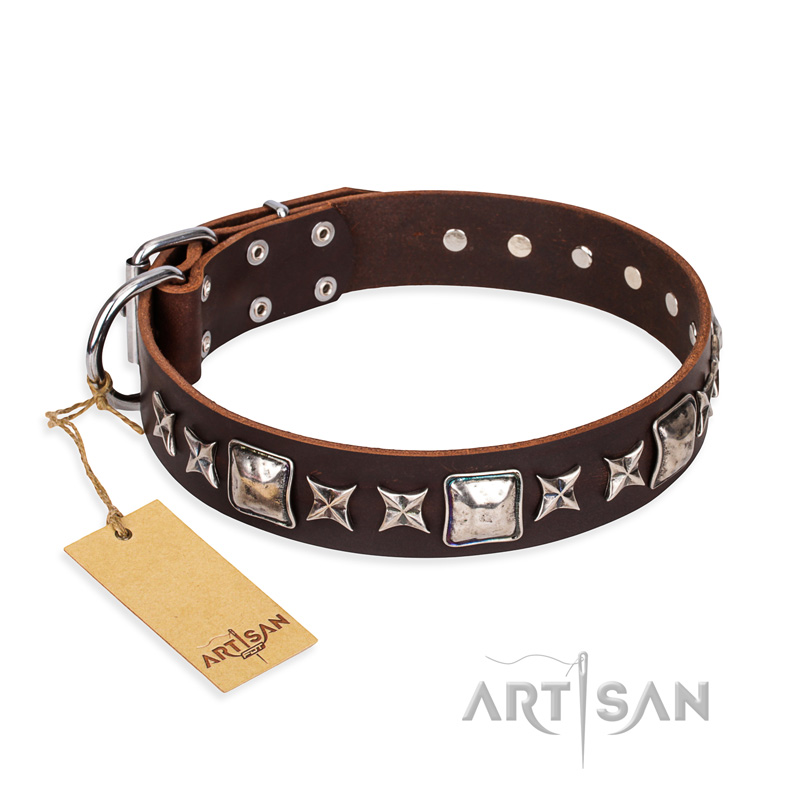 'Perfect Impression' FDT Artisan Brown Leather German Shepherd Collar with Silvery Square Studs - 1 1/2 inch (40 mm) Wide